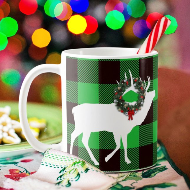 Green Buffalo Plaid Elk Christmas Wreath Coffee Mug (Creator Uploaded)