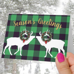 Green Buffalo Plaid Elk Silhouette Wreath Custom Holiday Card