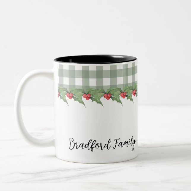 Green Buffalo Plaid Family Christmas Two-Tone Coffee Mug (Left)