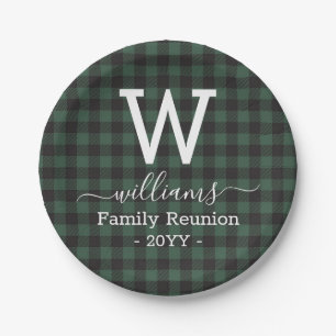 Green Buffalo Plaid Family Reunion Monogrammed Paper Plate