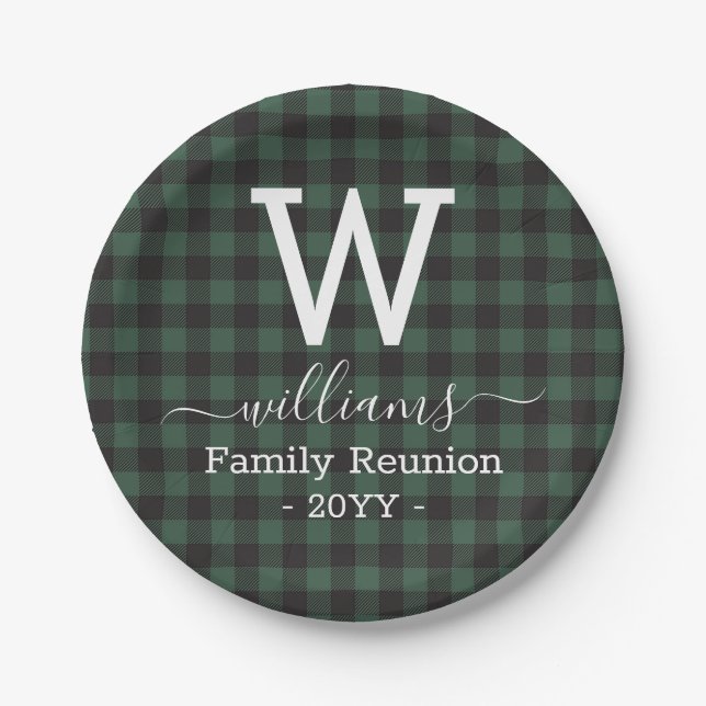 Green Buffalo Plaid Family Reunion Monogrammed Paper Plate (Front)