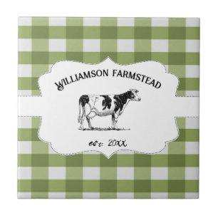 Green Buffalo Plaid Farm Cow Decorative Tile