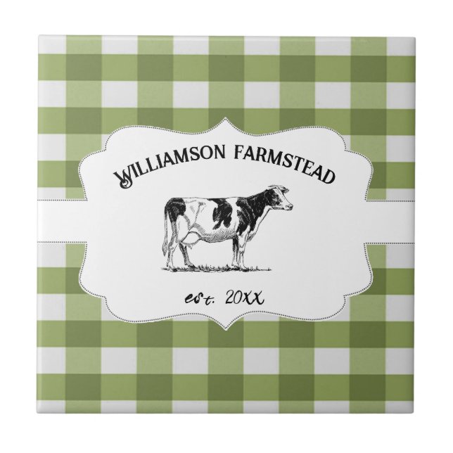 Green Buffalo Plaid Farm Cow Decorative Tile (Front)