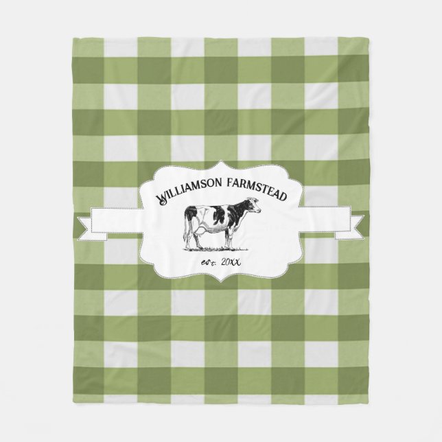 Green Buffalo Plaid Farm Cow Fleece Blanket (Front)