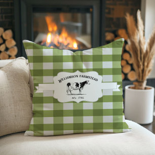 Green Buffalo Plaid Farm Cow Throw Pillow