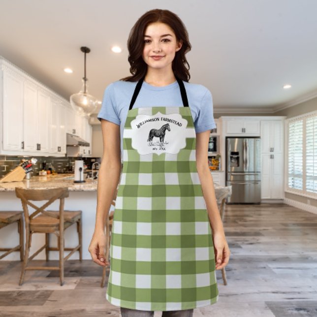 Green Buffalo Plaid Farm Horse Apron (Green Buffalo Plaid Farm Horse Personalized Apron)