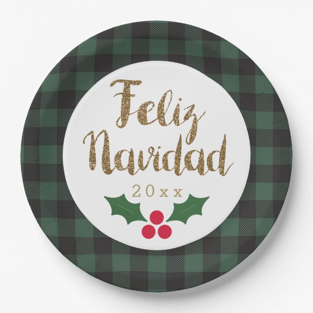 Green Buffalo Plaid Gold Feliz Navidad Paper Plate (Front)
