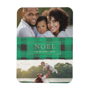 Green Buffalo Plaid Gold Frame NOEL Multiple Photo Magnet