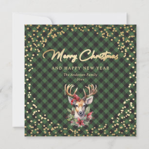 Green Buffalo Plaid Gold Reindeer Snow Christmas Holiday Card