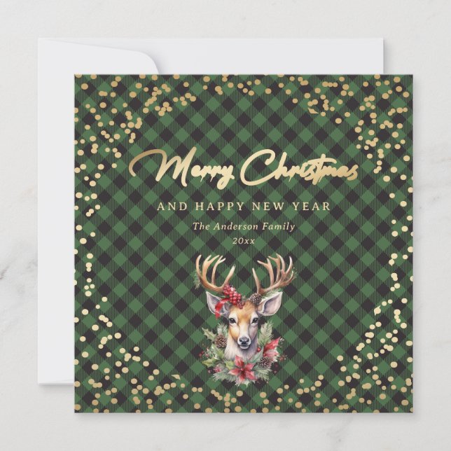Green Buffalo Plaid Gold Reindeer Snow Christmas Holiday Card (Front)
