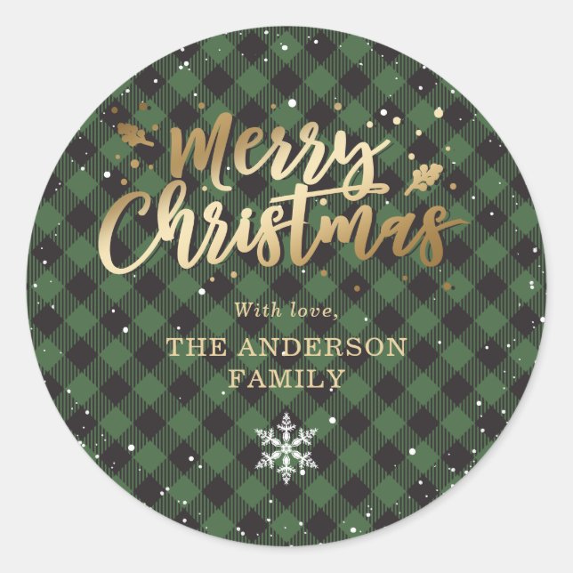 Green Buffalo Plaid Gold Snow Christmas Classic Round Sticker (Front)