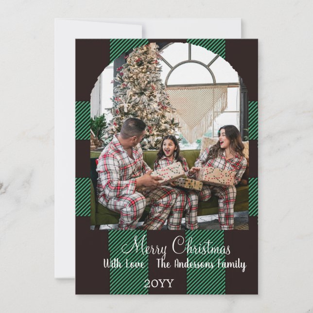 Green buffalo plaid holiday card (Front)