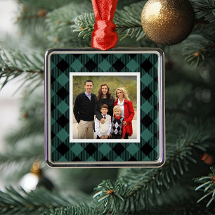 Green Buffalo Plaid Holiday Photo Metal Tree Decoration