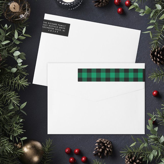Green Buffalo Plaid Holiday Return Address Wrap Around Label (Creator Uploaded)