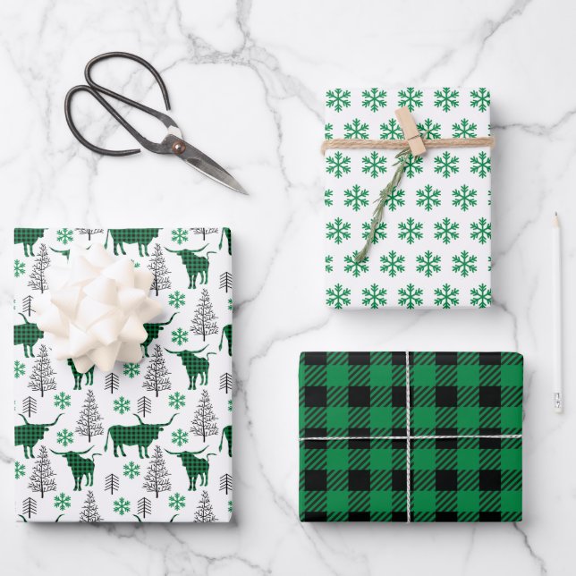 Green Buffalo Plaid Longhorn Pattern Wrapping Paper Sheet (Front)