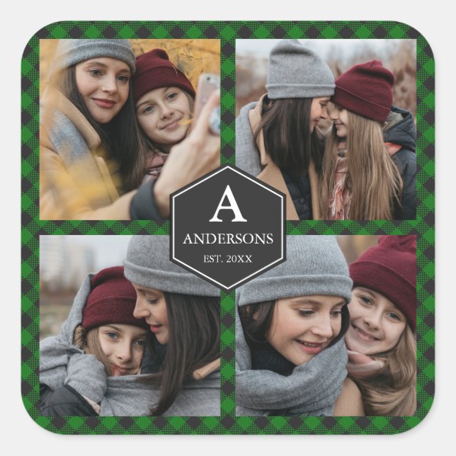 Green Buffalo Plaid Lumberjack Photo Collage Square Sticker (Front)