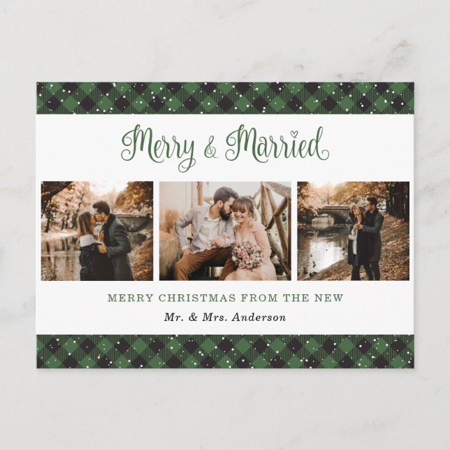 Green Buffalo Plaid Married and Merry Newlyweds Holiday Postcard (Front)