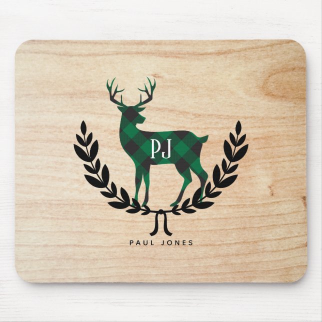 Green Buffalo Plaid Monogram Stag Mouse Mat (Front)