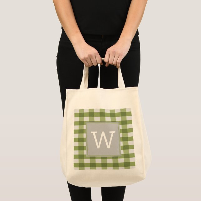 Green Buffalo Plaid Monogram Tote Bag (Front (Product))