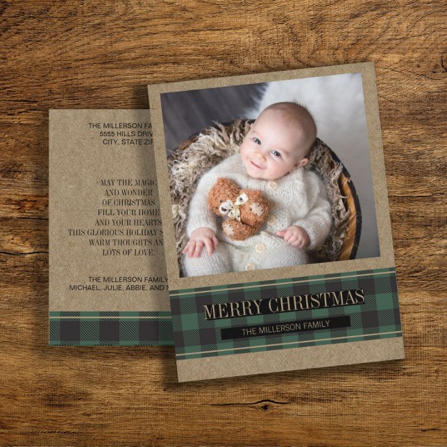 Green Buffalo Plaid on Kraft Merry Christmas Photo Postcard (Green buffalo plaid rustic Christmas photo greeting card)