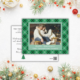 Green Buffalo Plaid |One Photo Christmas  Holiday Postcard