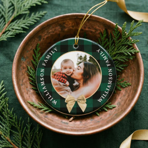 Green Buffalo Plaid Pattern Gold Bow Family Photo Ceramic Tree Decoration