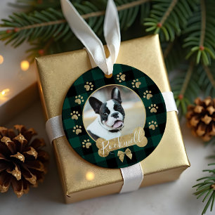Green Buffalo Plaid Pattern Gold Bow Family Photo  Metal Tree Decoration
