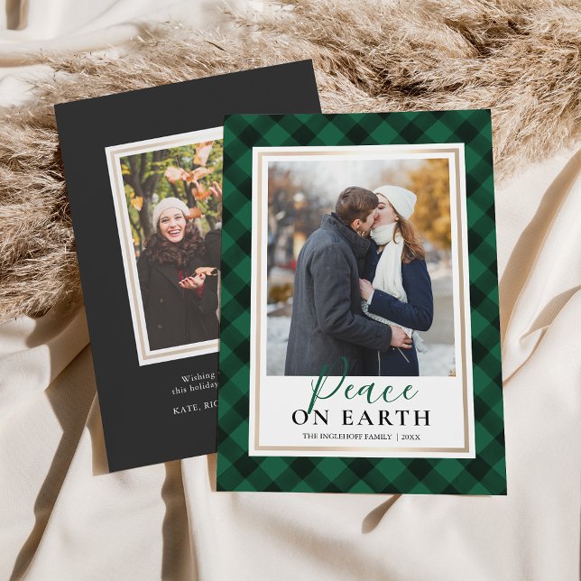 Green Buffalo Plaid Peace On Earth Photo Holiday Card (Creator Uploaded)