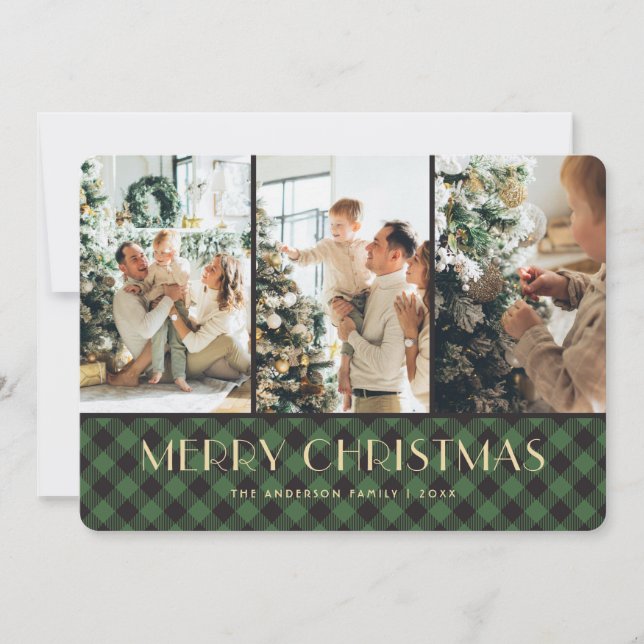 Green Buffalo Plaid Photo Collage Merry Christmas Holiday Card (Front)
