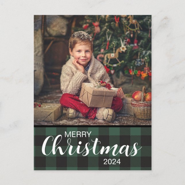 Green Buffalo Plaid Photo Merry Christmas 2024 Postcard (Front)