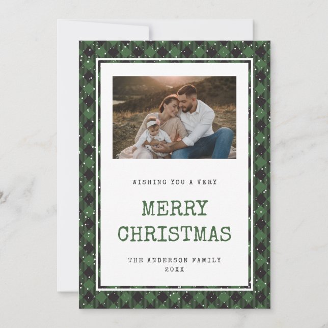 Green Buffalo Plaid Photo Merry Christmas Card (Front)