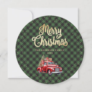 Green Buffalo Plaid Red Truck Christmas Cards