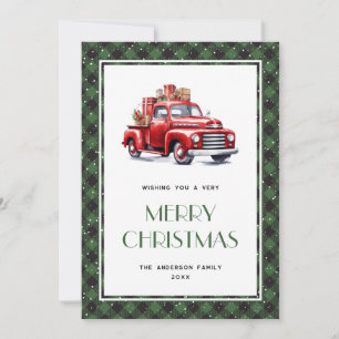Green Buffalo Plaid Red Truck Merry Christmas Card