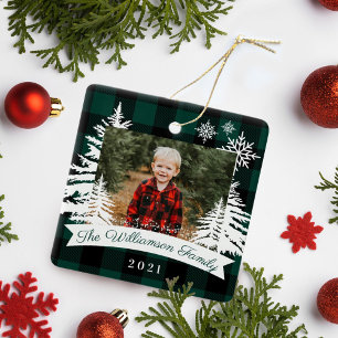Green Buffalo Plaid Rustic Pine Trees Family Photo Ceramic Ornament