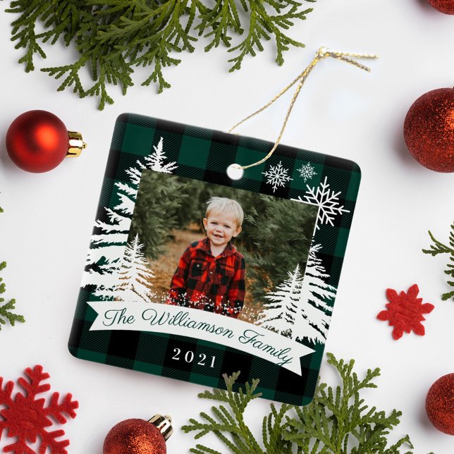 Green Buffalo Plaid Rustic Pine Trees Family Photo Ceramic Ornament (Creator Uploaded)