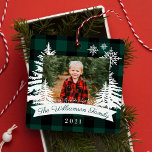 Green Buffalo Plaid Rustic Pine Trees Family Photo Metal Tree Decoration<br><div class="desc">Rustic farm fresh Christmas trees family photo keepsake metal ornament. The ornament can be customized with the family name,  the year,  and the photo. Green checkerboard plaid background with rustic pine trees and snowflakes. The family name is displayed in a white banner. Artwork by Moodthology Papery.</div>