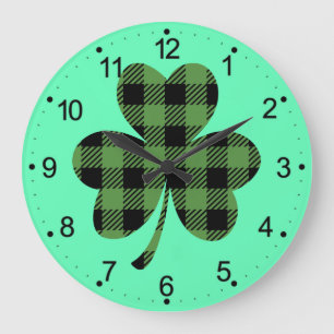 Green Buffalo Plaid Shamrock Clover Design-61104 Large Clock