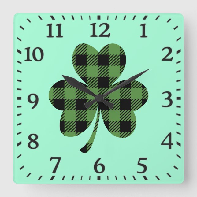 Green Buffalo Plaid Shamrock Clover Design-61104 Square Wall Clock (Front)