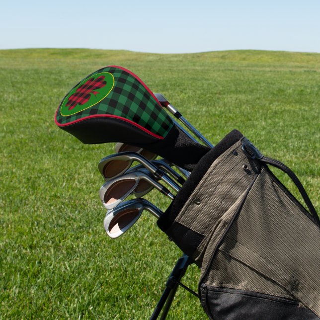 Green buffalo plaid Shamrock, Lucky Clover Charm Golf Head Cover (In Situ)