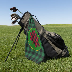 Green buffalo plaid Shamrock, Lucky Clover Charm Golf Towel