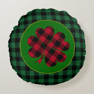 Green buffalo plaid Shamrock, Lucky Clover Charm Round Cushion