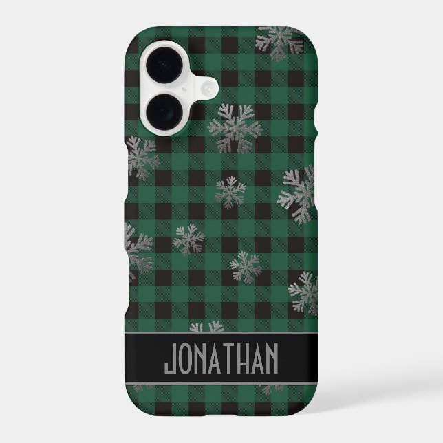 Green Buffalo Plaid Silver Glitter Snowflakes (Back)