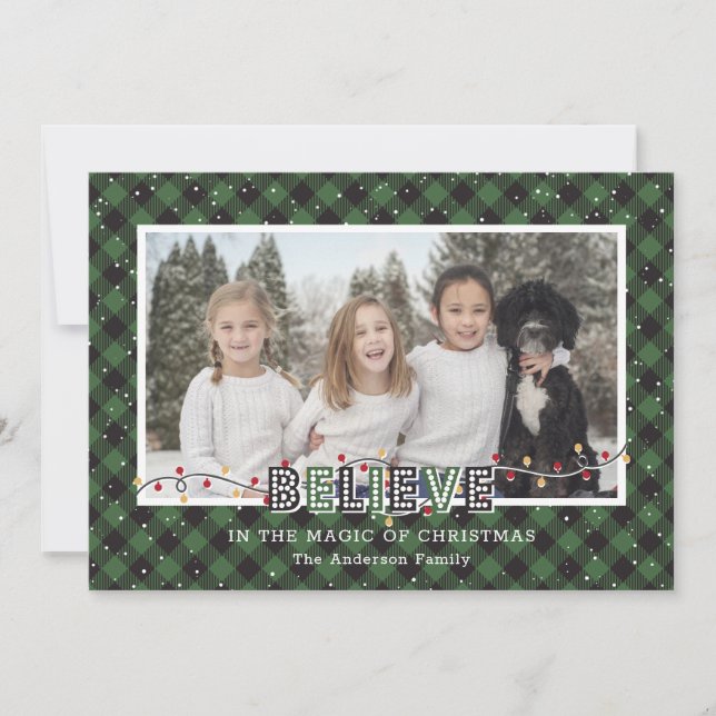 Green Buffalo Plaid Snow Believe Photo Holiday Card (Front)