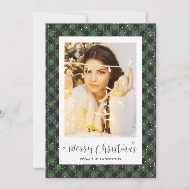 Green Buffalo Plaid Snow Photo Christmas Cards (Front)