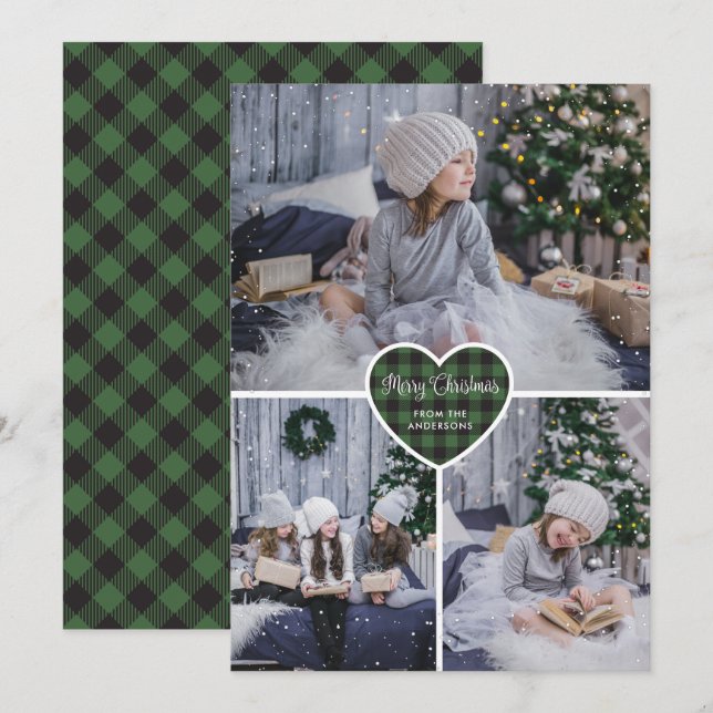 Green Buffalo Plaid Snow Photo Christmas Cards (Front/Back)