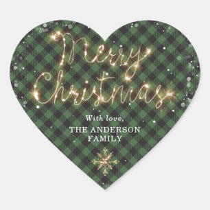 Green Buffalo Plaid Snow Sparkly Merry Christmas Heart Sticker