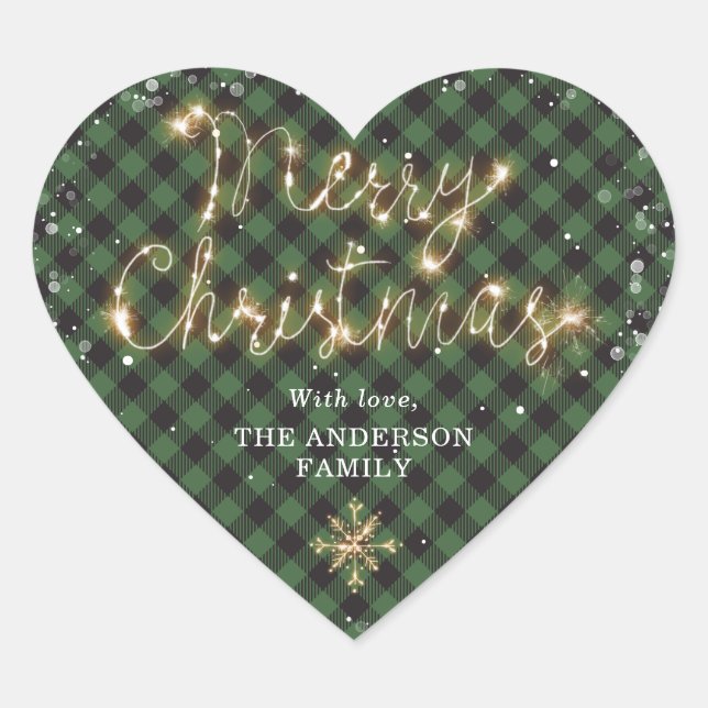 Green Buffalo Plaid Snow Sparkly Merry Christmas Heart Sticker (Front)