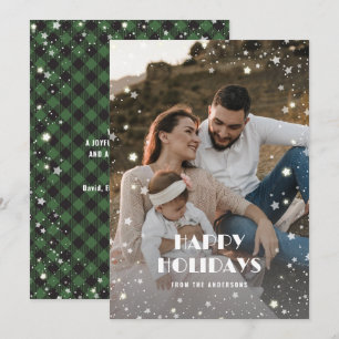 Green Buffalo Plaid Snow Stars Photo Holiday Card