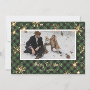 Green Buffalo Plaid Sparkly Photo Christmas Cards