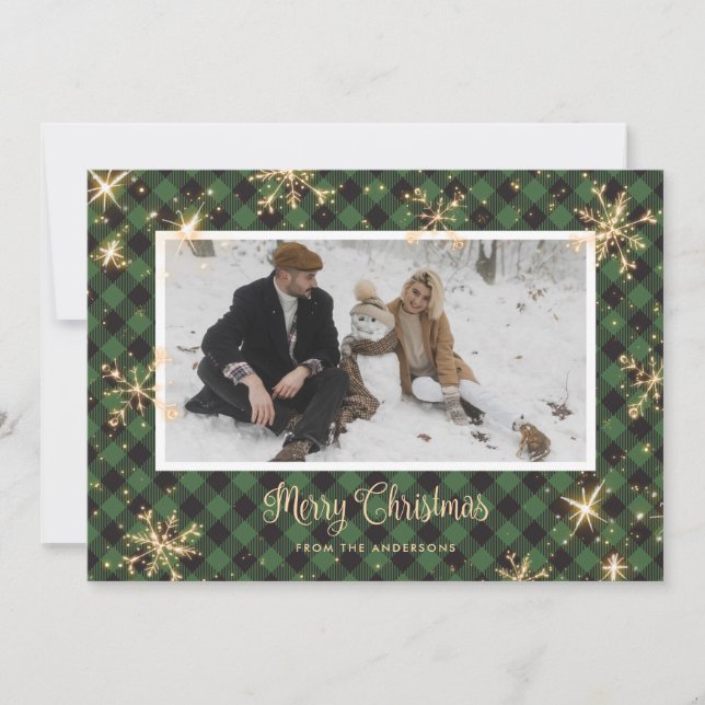 Green Buffalo Plaid Sparkly Photo Christmas Cards (Front)
